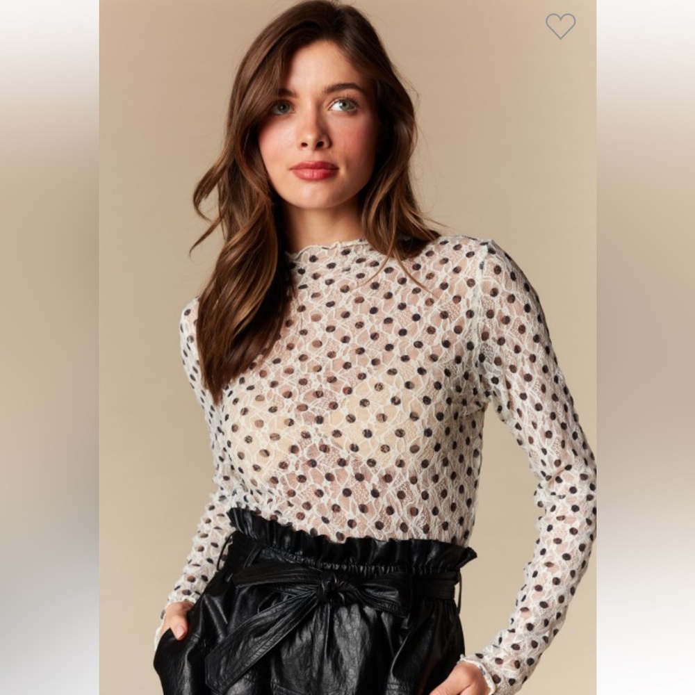 501. Sheer lace polka dot long sleeve top cream and black